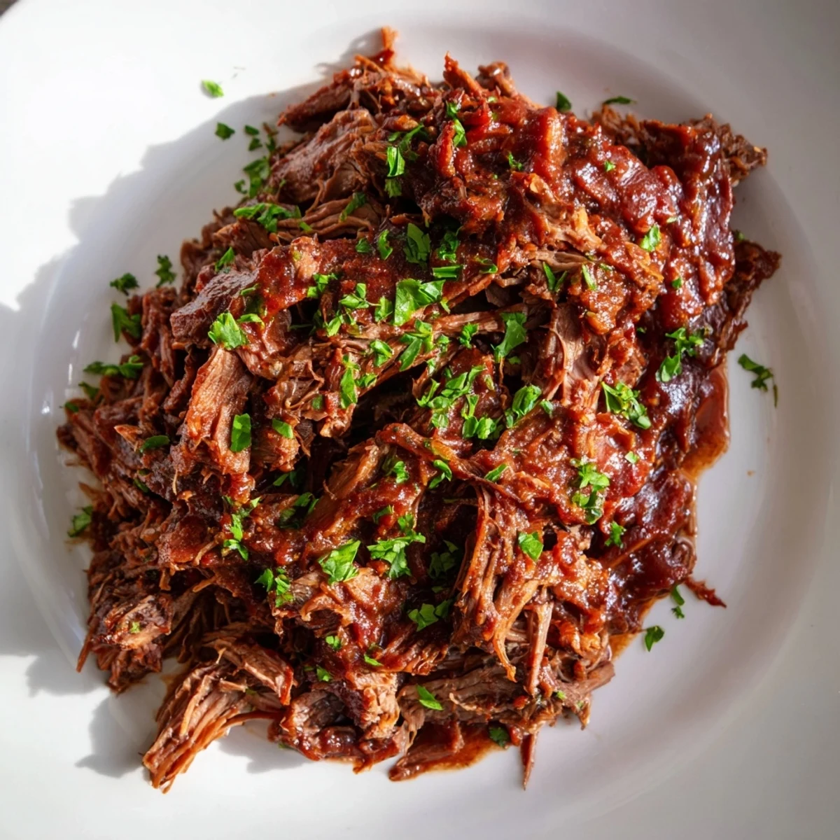 A close-up of tender, saucy Slow Cooker Beef Brisket with BBQ Sauce, piled high on a plate ready to be served.