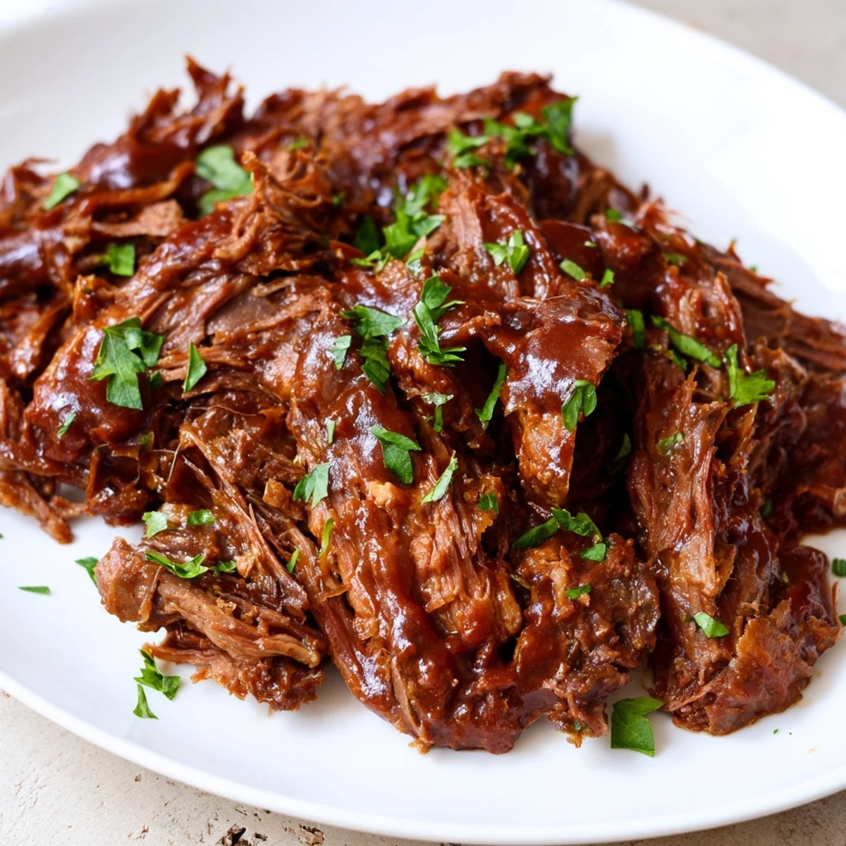 Shredded Slow Cooker Beef Brisket with BBQ Sauce filling a soft bun, garnished with fresh herbs for a delicious meal.