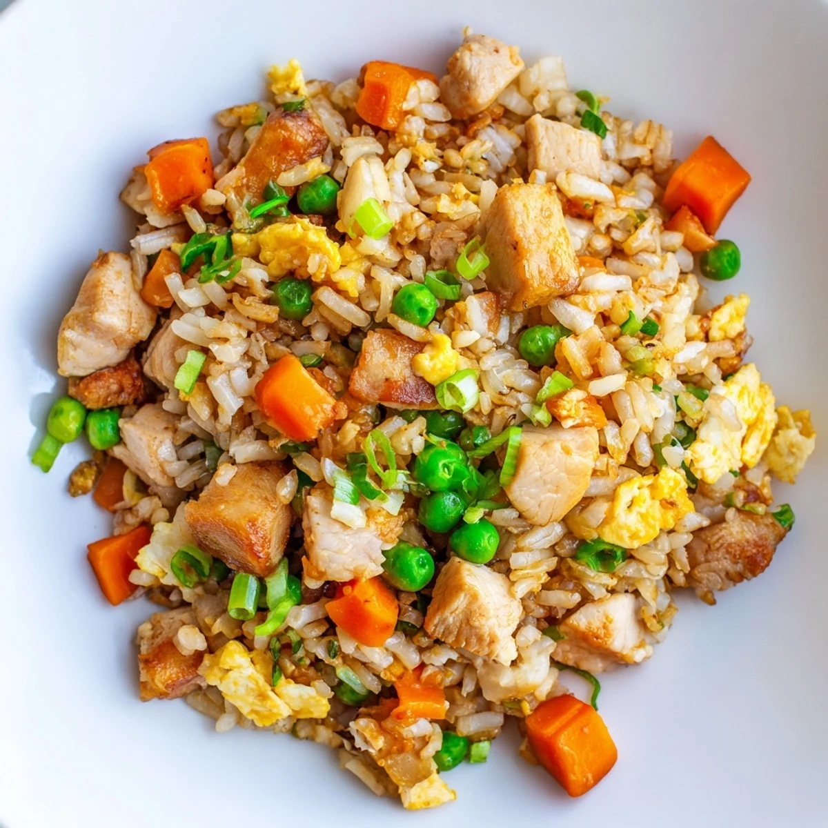 A close-up of golden Chicken Fried Rice with Peas and Carrots, featuring tender chicken pieces, fluffy rice, and vibrant orange carrots and green peas in a savory stir-fry sauce.