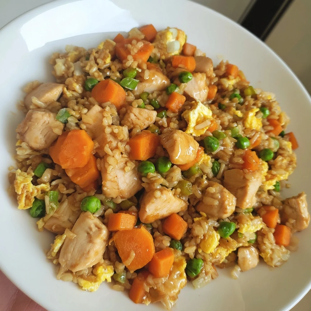 Colorful Chicken Fried Rice with Peas and Carrots piled high in a bowl, garnished with sliced green onions and a drizzle of soy sauce, ready for a quick weeknight dinner.