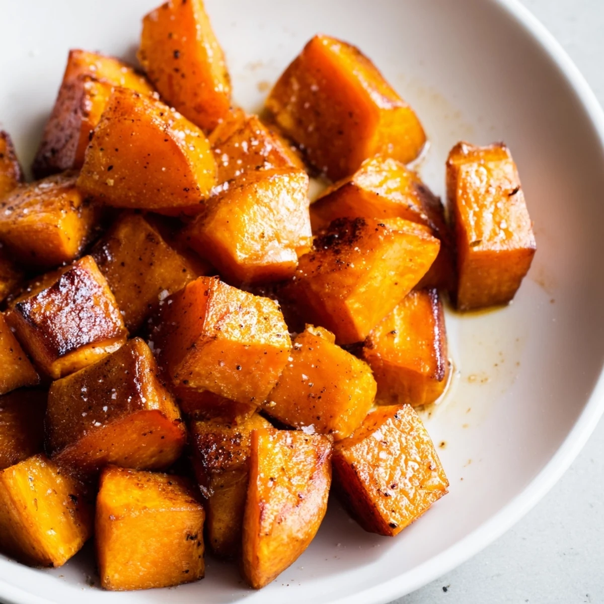 Golden roasted sweet potatoes with cinnamon, freshly pulled from the oven, glistening on a rustic serving platter next to a sprig of fresh rosemary.  