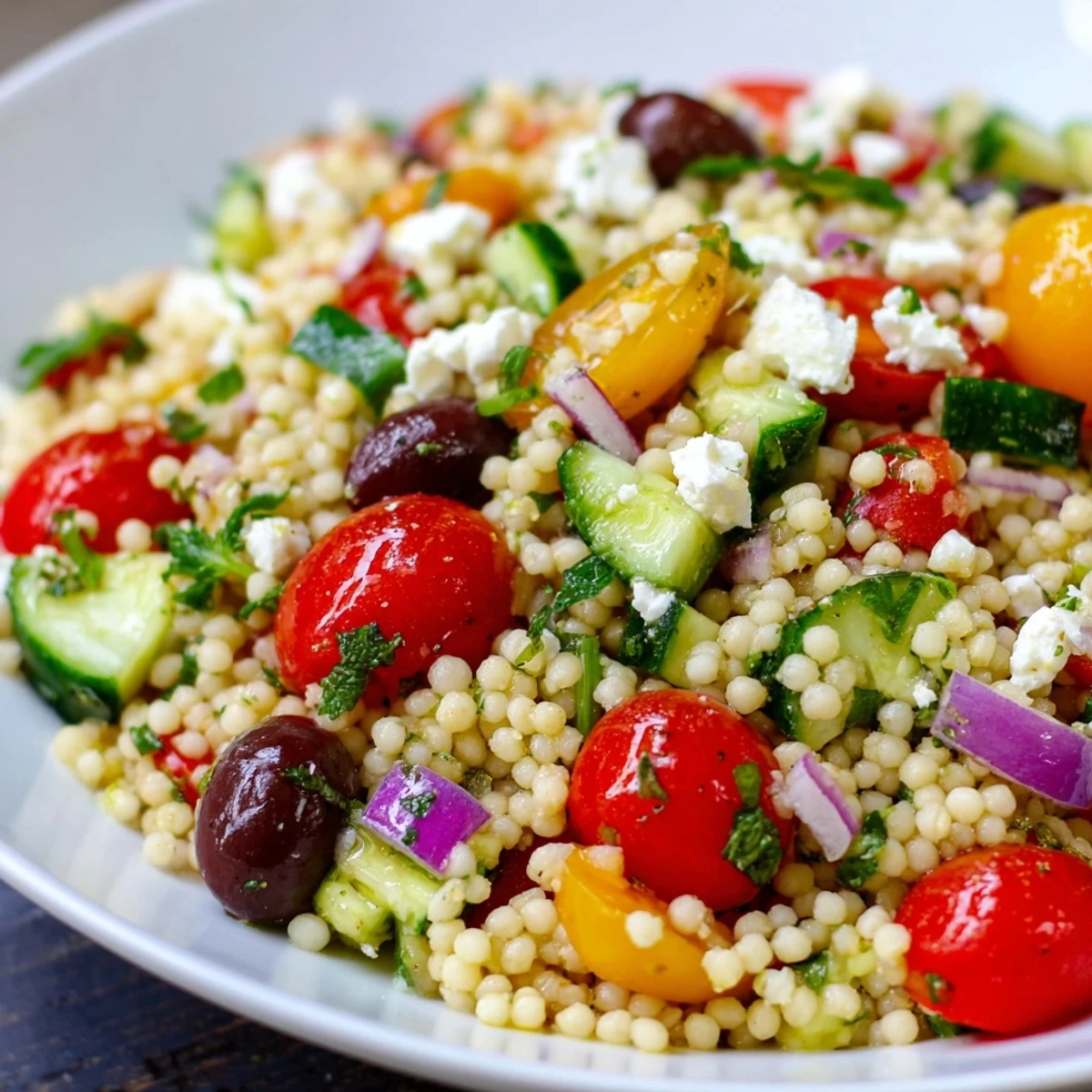 Fork-tossed Mediterranean Couscous Salad featuring fresh cherry tomatoes, cucumbers, and a zesty lemon-herb dressing.  