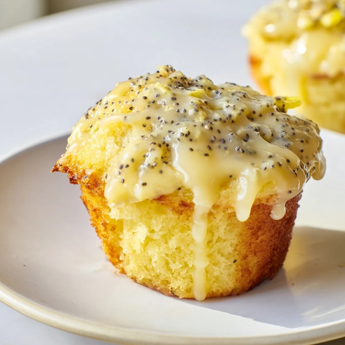 A close-up view of Lemon Poppy Seed Muffins revealing a tender crumb packed with poppy seeds and bright lemon zest.