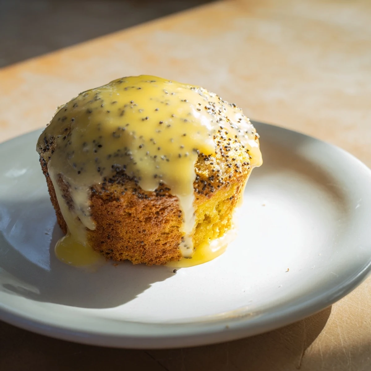 Golden topped Lemon Poppy Seed Muffins arranged in a muffin tin, ready to be served for breakfast with hot coffee.