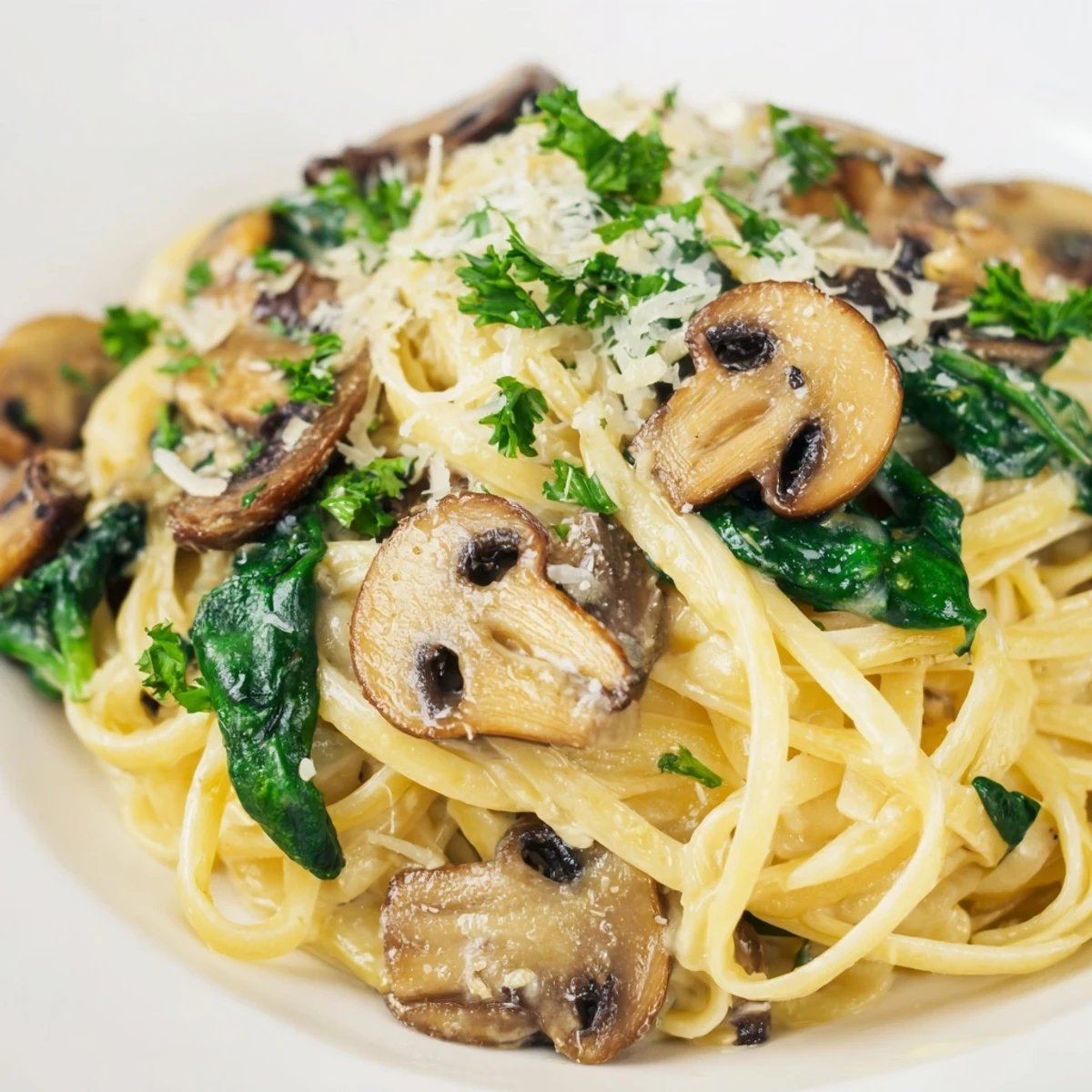 Creamy Mushroom and Spinach Pasta twirls in a glossy, garlicky cream sauce with sautéed mushrooms and wilted spinach leaves.