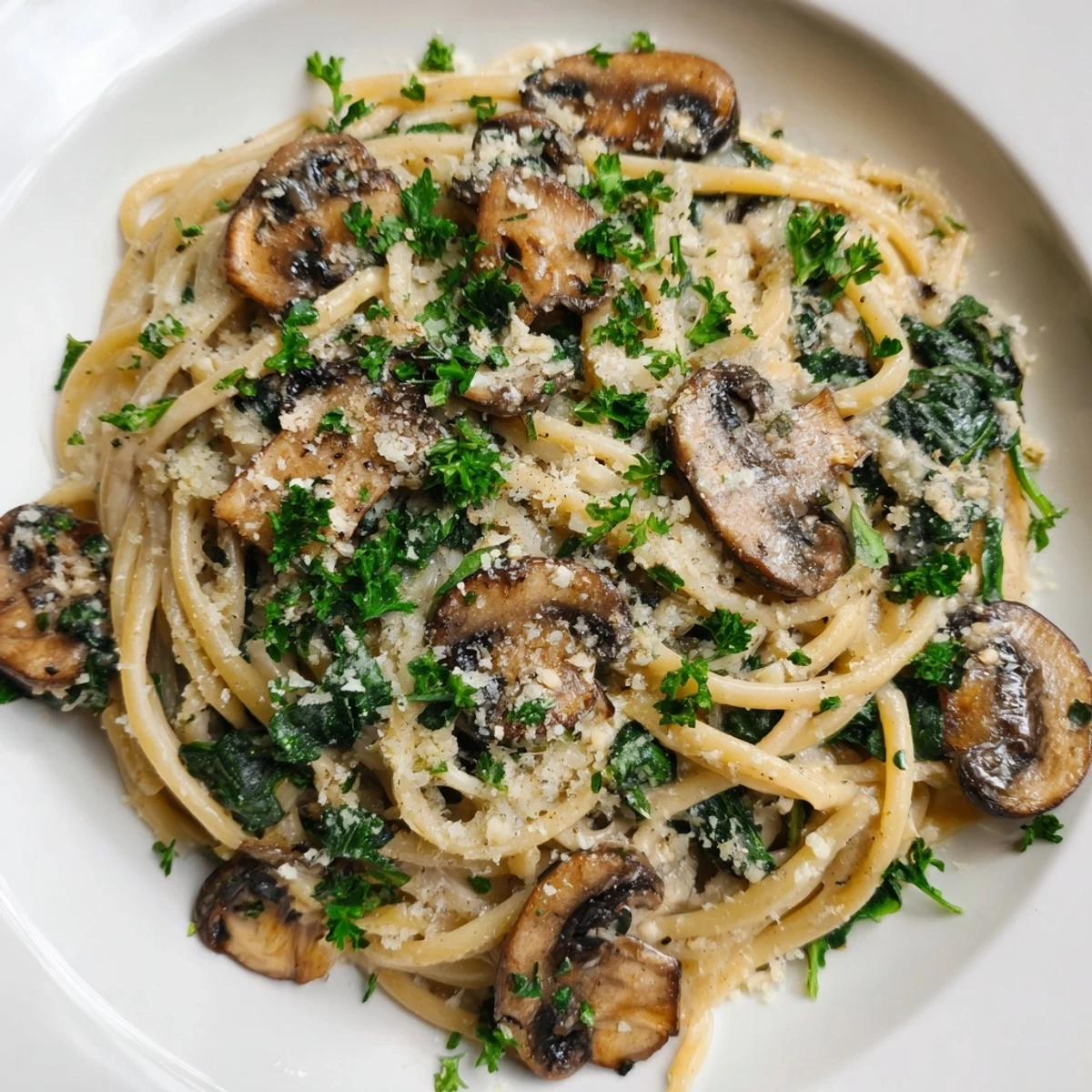 Serve Creamy Mushroom and Spinach Pasta steaming from the skillet alongside garlic bread and a crisp white wine.