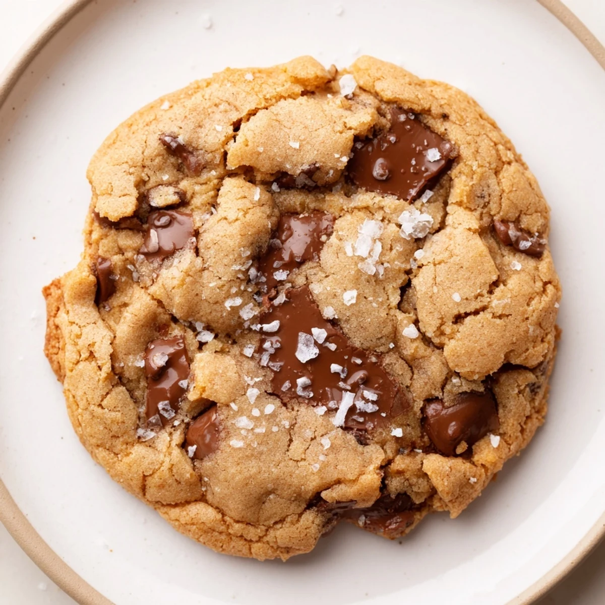 Freshly baked Chocolate Chip Cookies with Sea Salt stacked on a white plate next to a tall glass of milk. 
