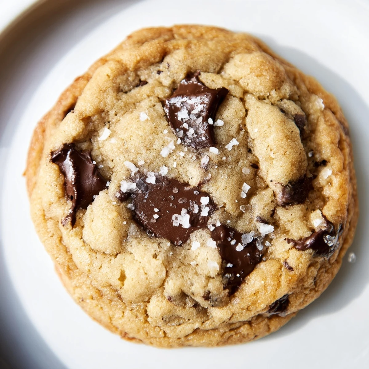 Golden-brown Chocolate Chip Cookies with Sea Salt on a cooling rack, melty chocolate chunks and flaky salt glistening. 