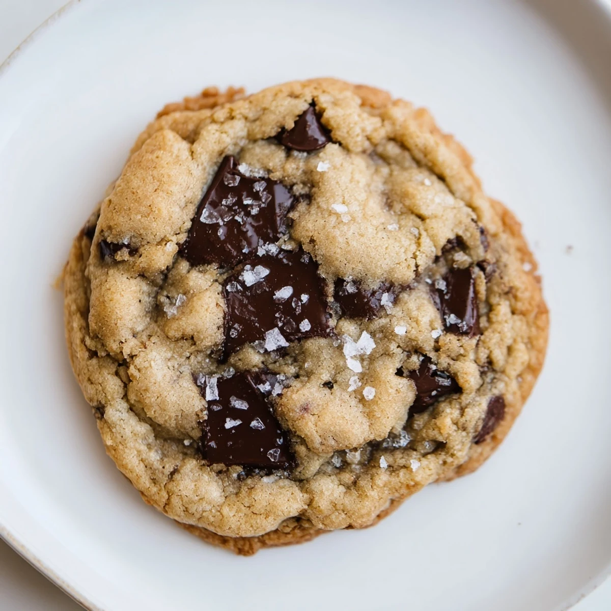 Warm Chocolate Chip Cookies with Sea Salt on a rustic wooden board, soft centers and crispy edges visible.