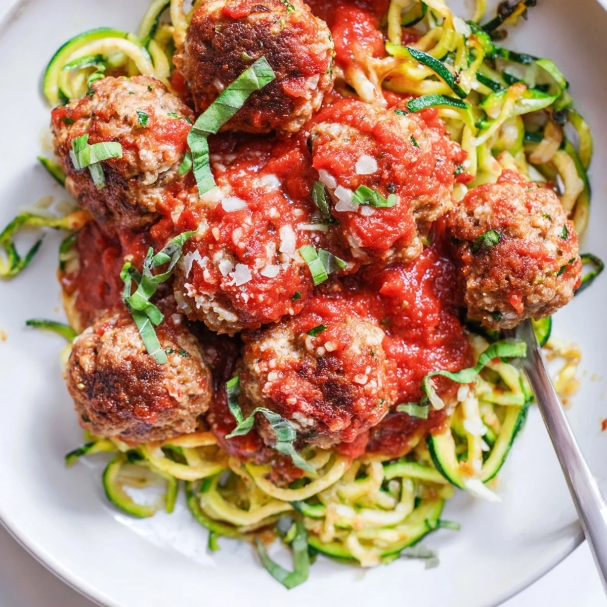Juicy turkey meatballs served over spiralized zucchini noodles with warm marinara.