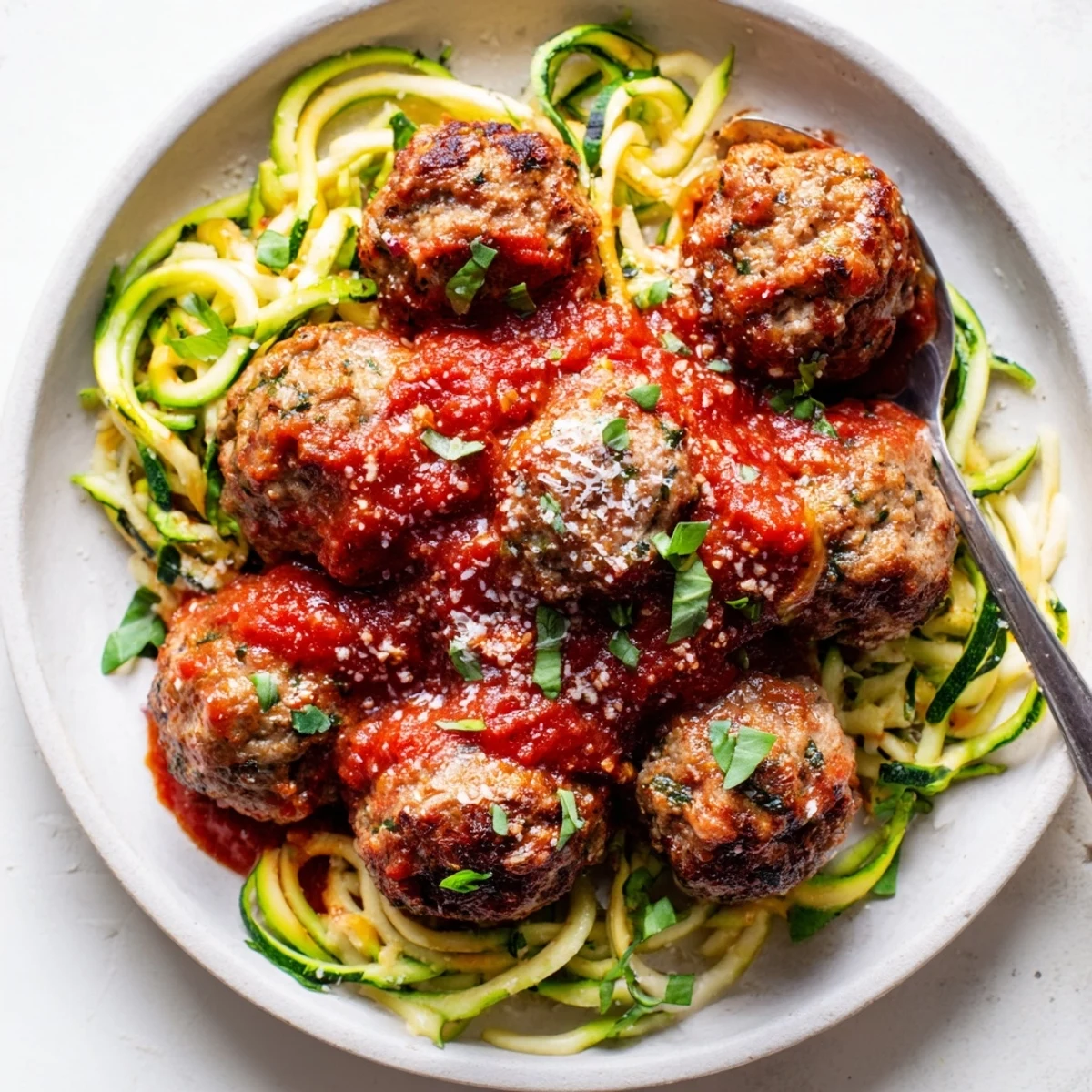 Ground turkey meatballs and zucchini noodles with parmesan cheese on a plate.