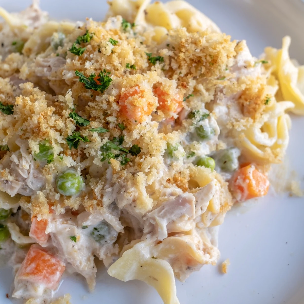 Family-style Chicken Noodle Casserole with a crunchy panko and Parmesan topping.
