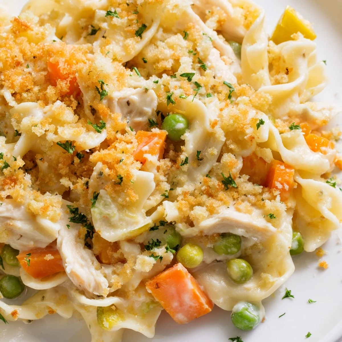 A steaming slice of Chicken Noodle Casserole reveals chicken, peas, and noodles.