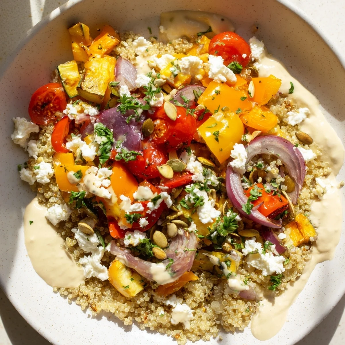Golden roasted zucchini, bell peppers, and cherry tomatoes top fluffy quinoa in this nourishing Roasted Vegetable Quinoa Bowl, drizzled with creamy lemon-tahini dressing.  