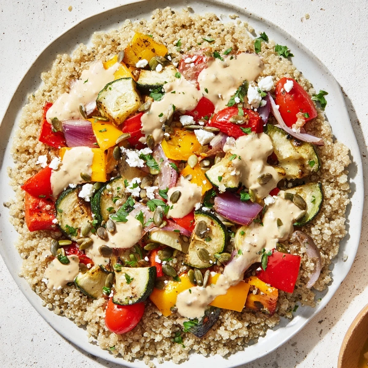 Vibrant Roasted Vegetable Quinoa Bowl with seasoned quinoa, caramelized vegetables, feta crumbles, and pumpkin seeds, served warm as a healthy, gluten-free main dish.  