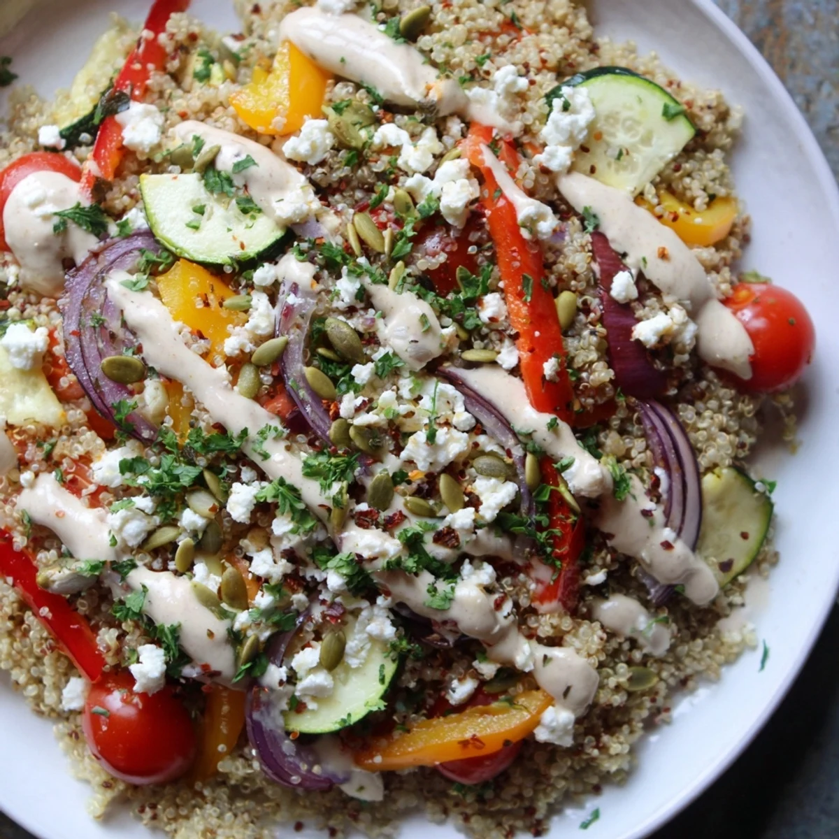 Colorful Roasted Vegetable Quinoa Bowl featuring roasted red onions and bell peppers over quinoa, garnished with fresh parsley and a drizzle of zesty lemon-tahini sauce.