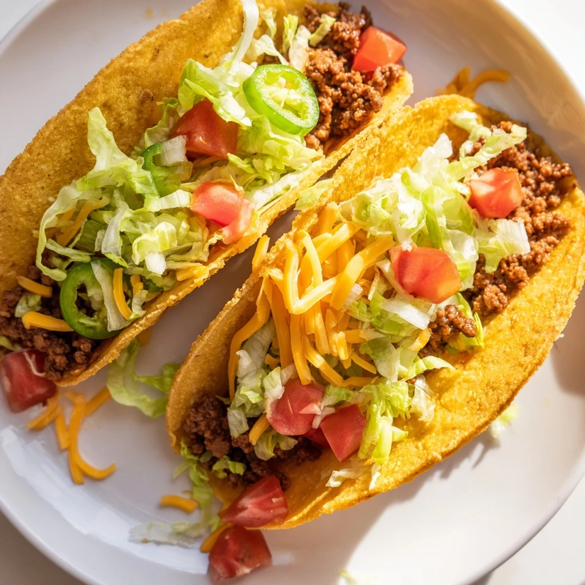 Golden hard taco shells stuffed with juicy seasoned ground beef, melted cheddar, crisp lettuce, and diced tomatoes.