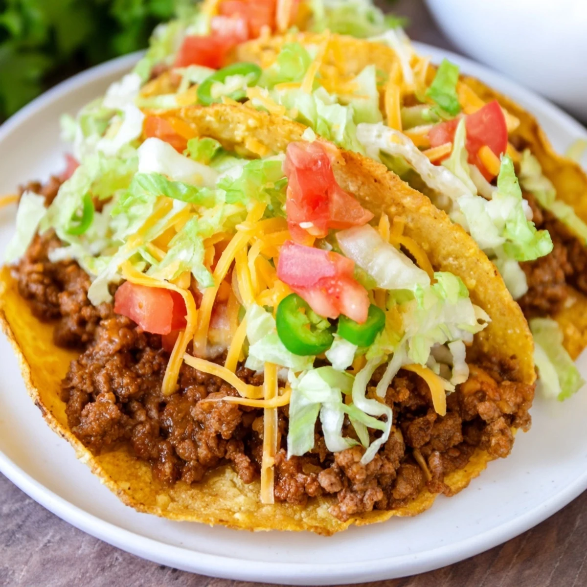 Freshly baked Beef Tacos with Hard Shells topped with sour cream, green onions, and jalapeño slices.