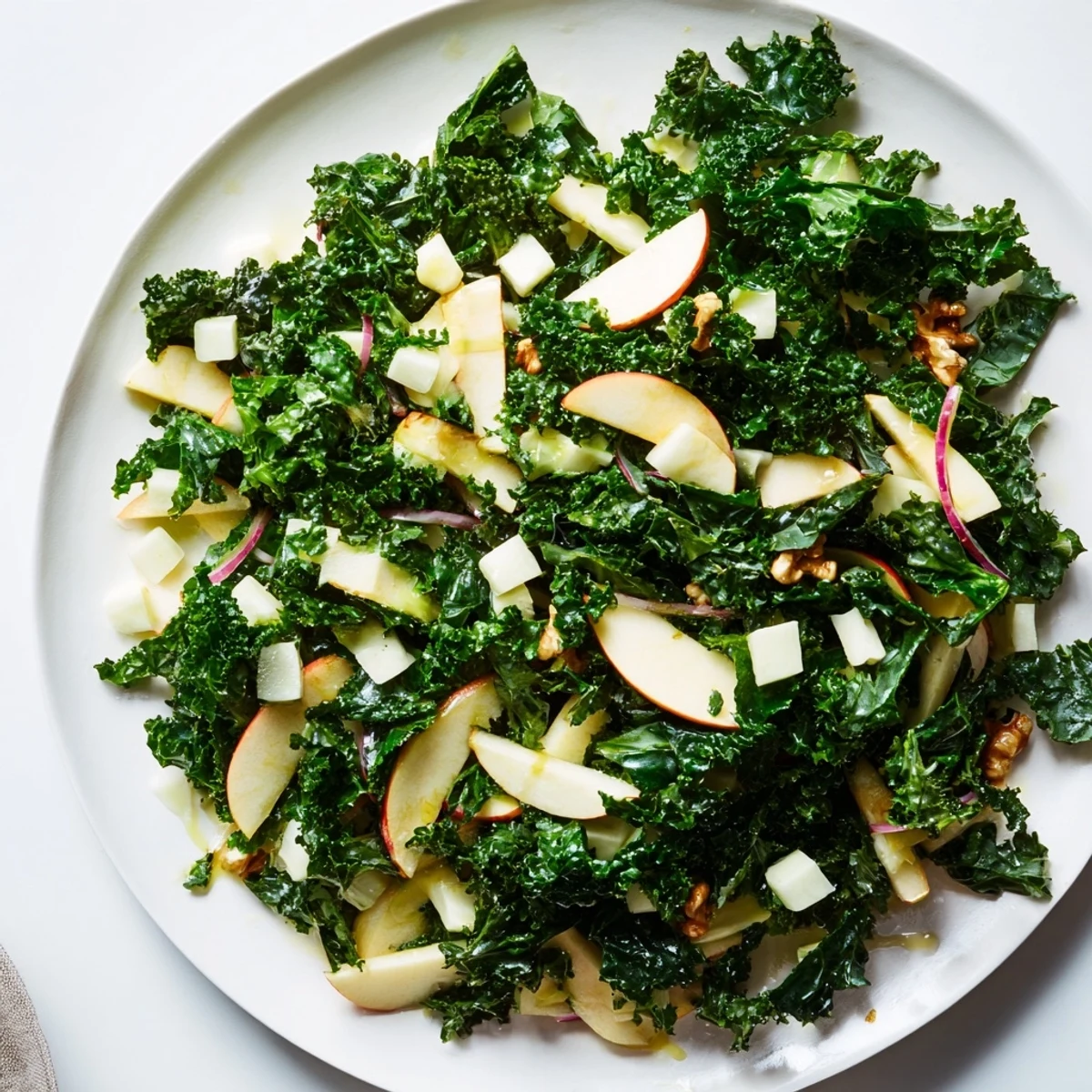 Freshly massaged kale topped with crisp apple slices, sharp cheddar cubes, and toasted walnuts tossed in a zesty maple-Dijon vinaigrette.
