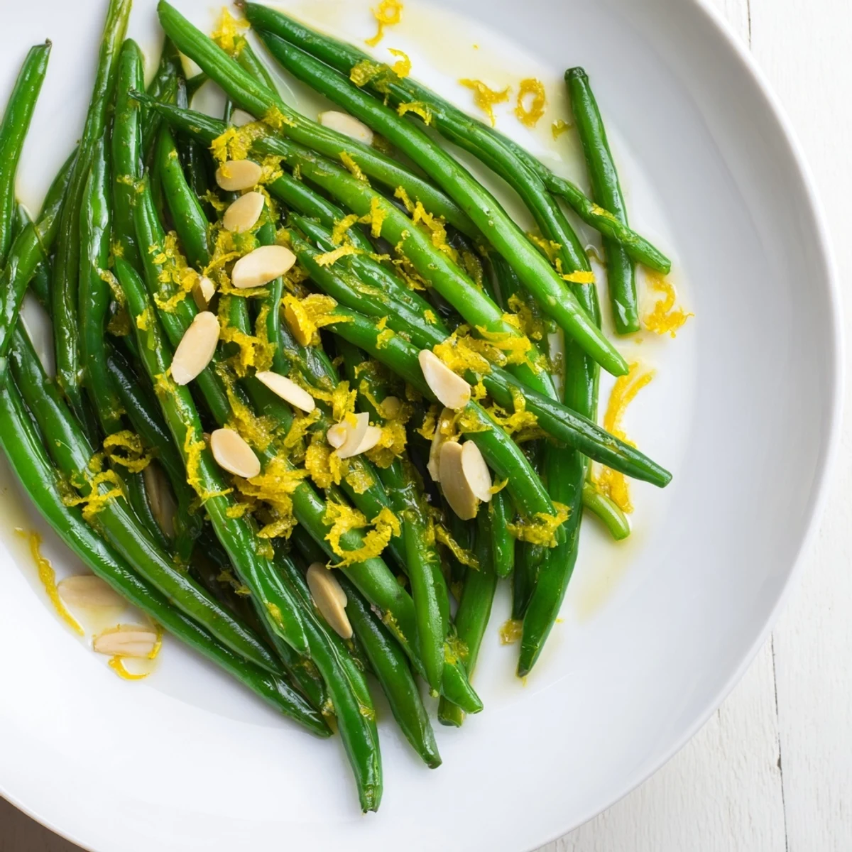 Crisp-tender Lemon Garlic Green Beans with Almonds topped with golden toasted nuts on a white plate.