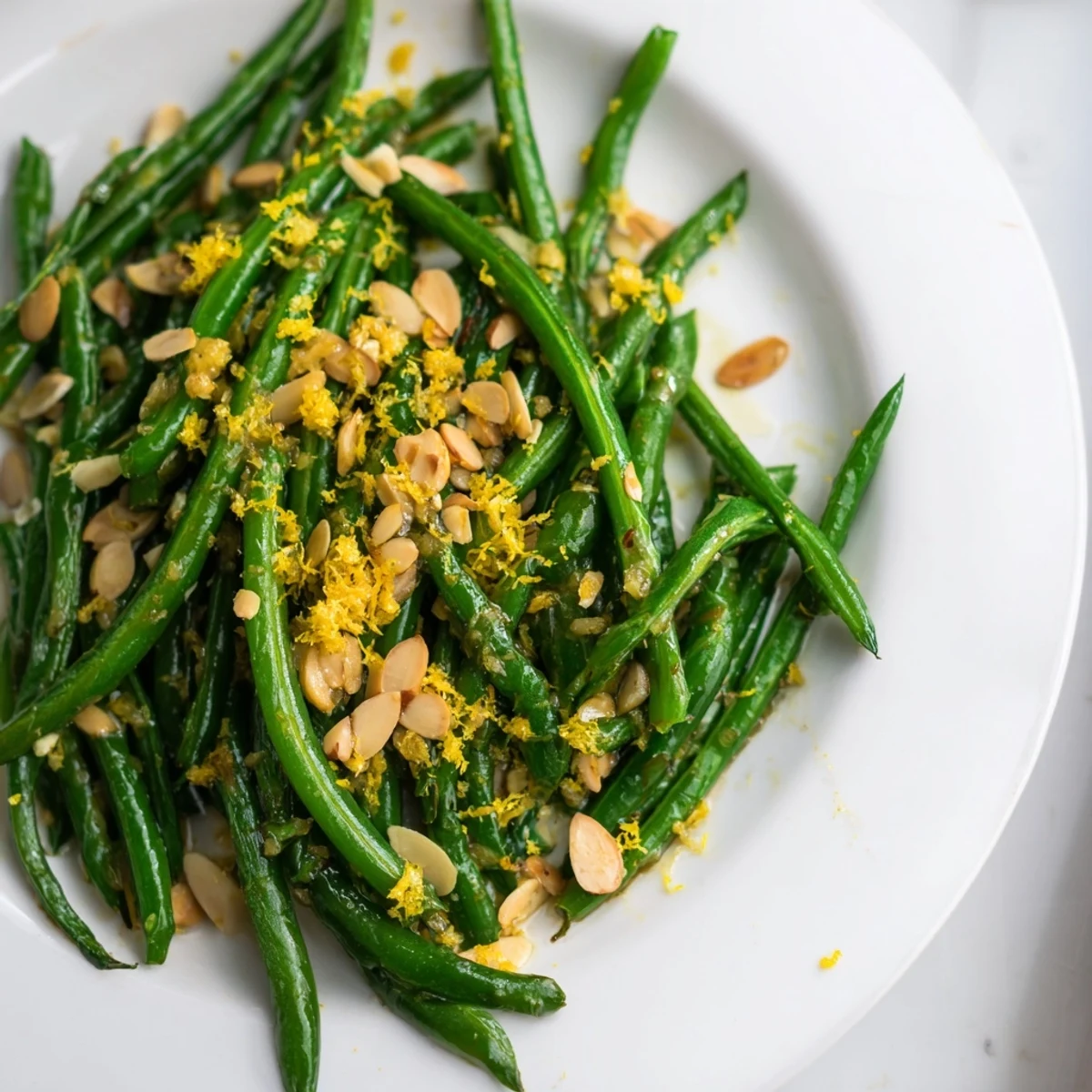 Lemon Garlic Green Beans with Almonds served warm as a vibrant vegetarian side dish.
