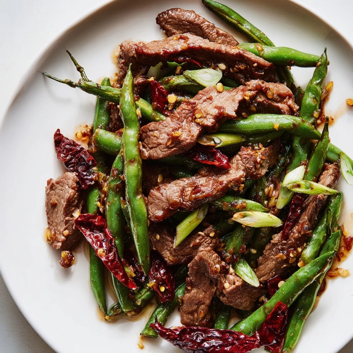 A close-up of Spicy Szechuan Green Beans with Beef shows charred green beans and tender beef slices coated in a glossy, red chili oil sauce.
