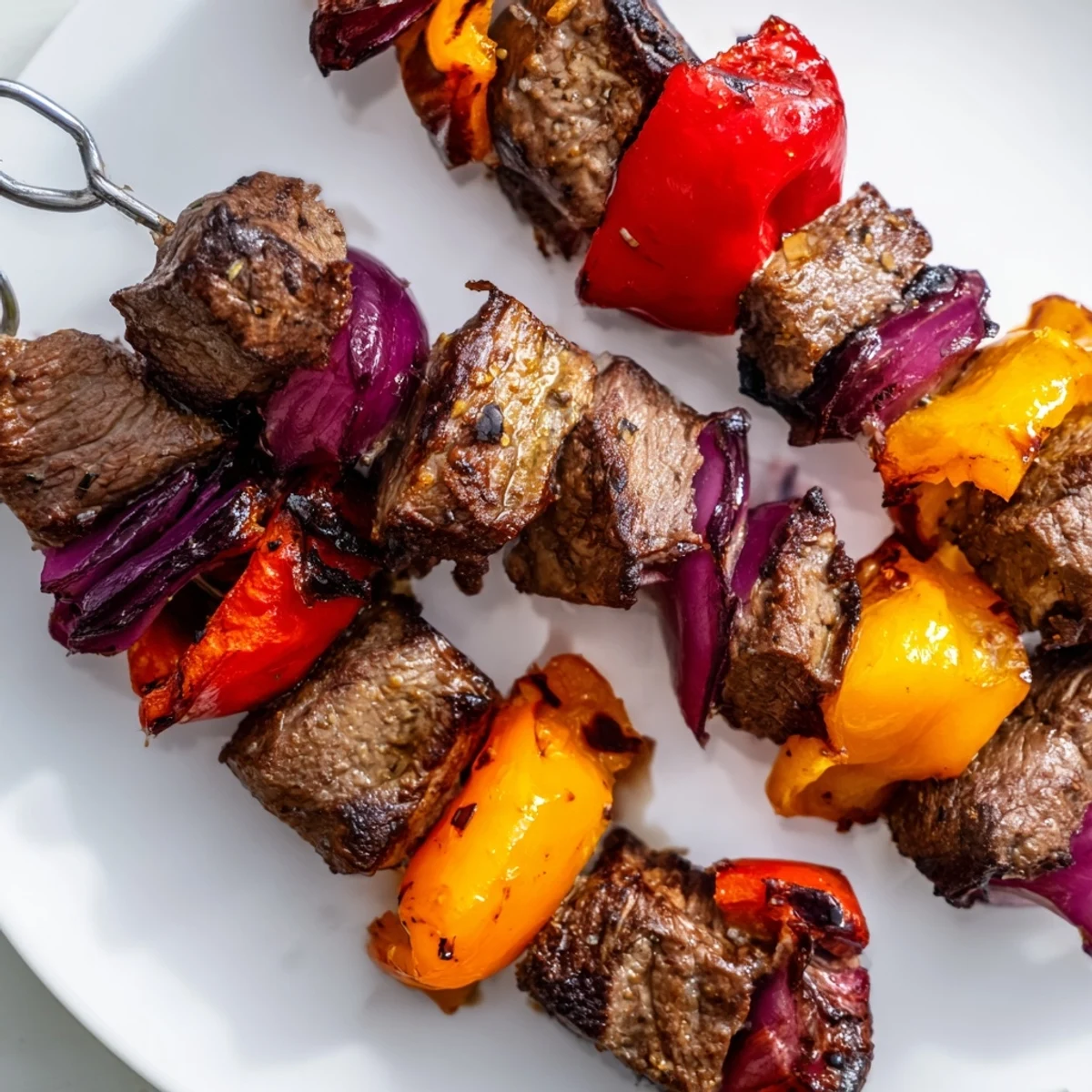 Sizzling Beef Kebabs with Peppers and Onions fresh off the grill, showcasing juicy charred beef and vibrant vegetables on skewers.