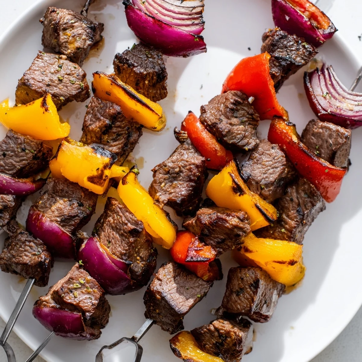 Perfectly grilled Beef Kebabs with Peppers and Onions boasting smoky edges, colorful vegetables, and a mouthwatering aroma for summer barbecues.