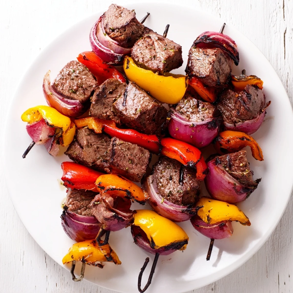 Tender marinated Beef Kebabs with Peppers and Onions skewered with red bell peppers and red onions, ready to serve with rice.