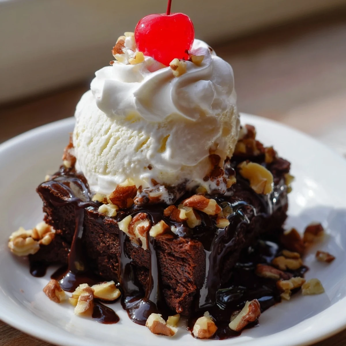 A warm slice of fudgy chocolate brownie topped with vanilla ice cream and rich hot fudge sauce, a decadent dessert.  