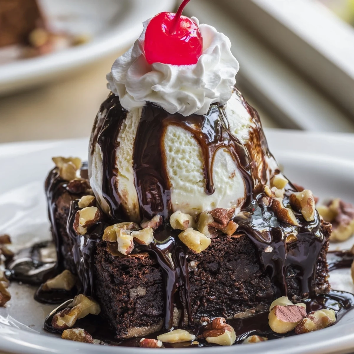Golden-brown chocolate brownie sundaes served in bowls with whipped cream and chopped nuts for extra crunch.  