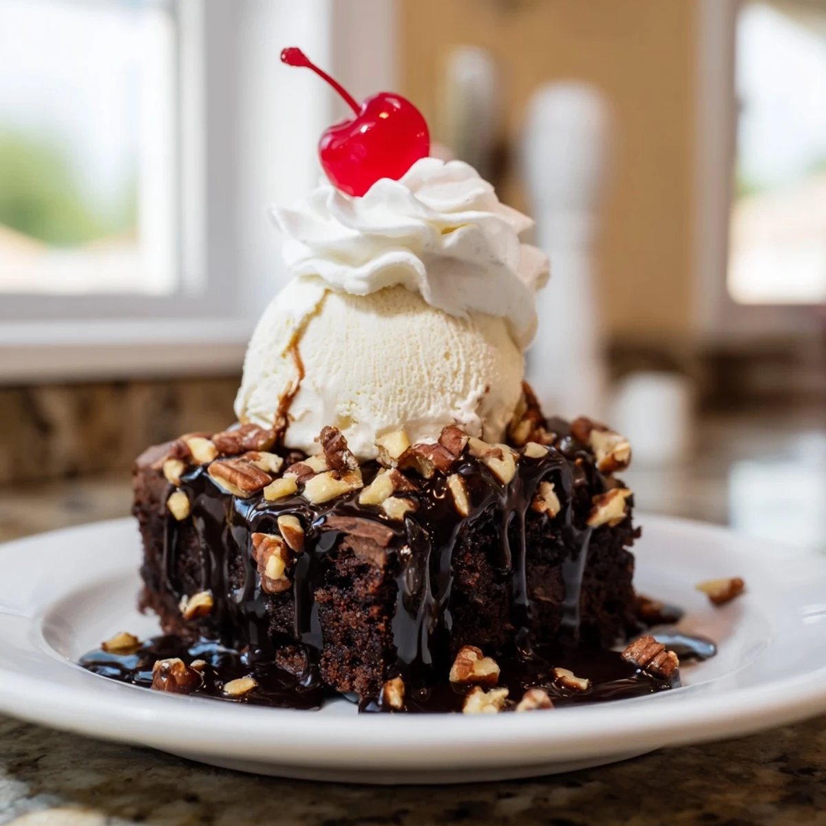 Decadent chocolate brownie sundae featuring warm fudge, cold vanilla ice cream, and optional pecans for texture.