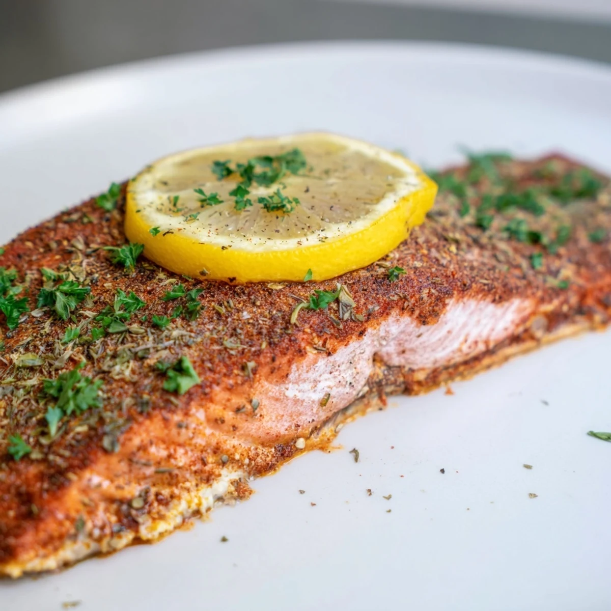 Close-up view of a seasoned Baked Salmon with Cajun Seasoning, showcasing a juicy interior and vibrant spice crust on the fillet.