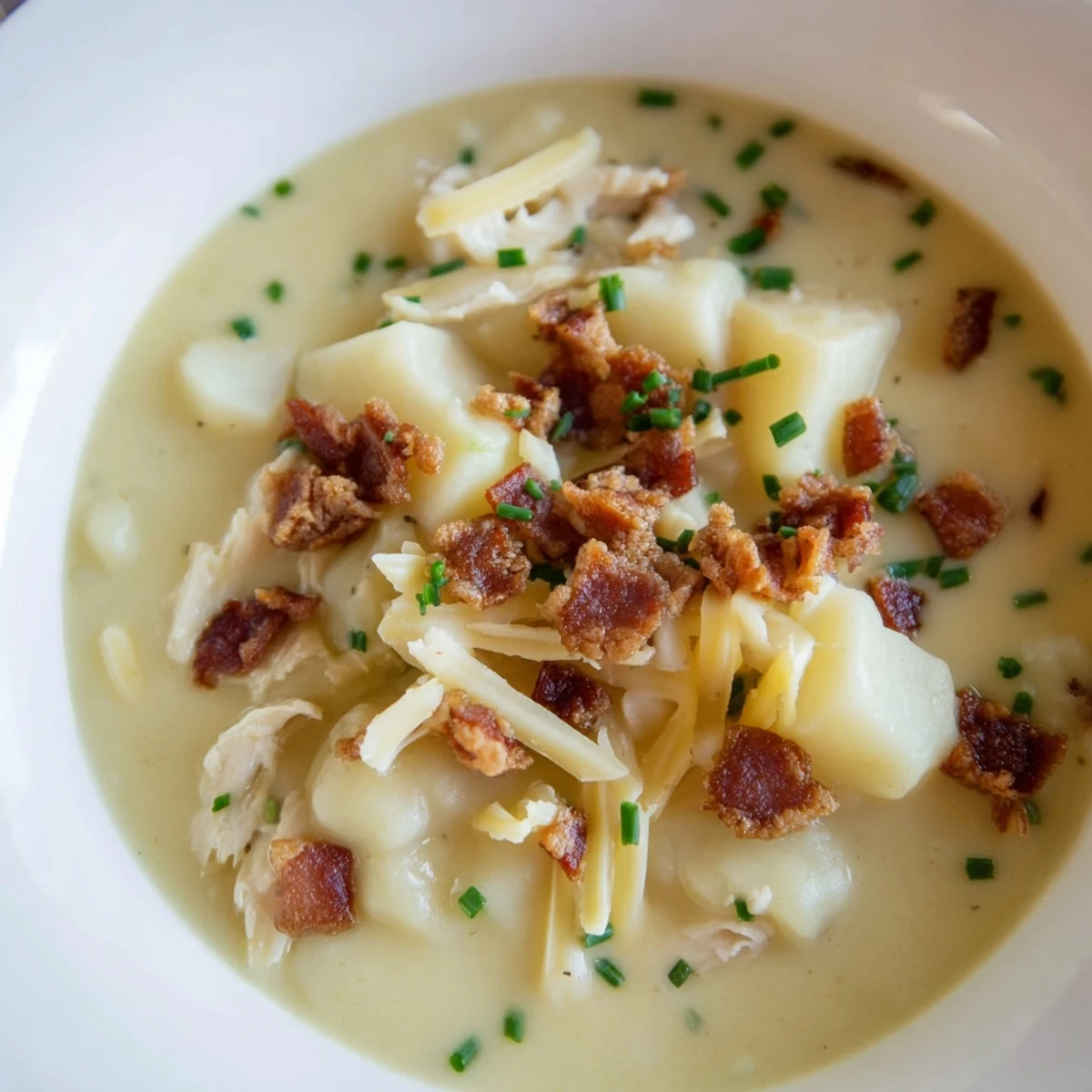 Creamy Potato Soup with Cheese and Halal Turkey Bacon topped with chives, served steaming in a rustic bowl.