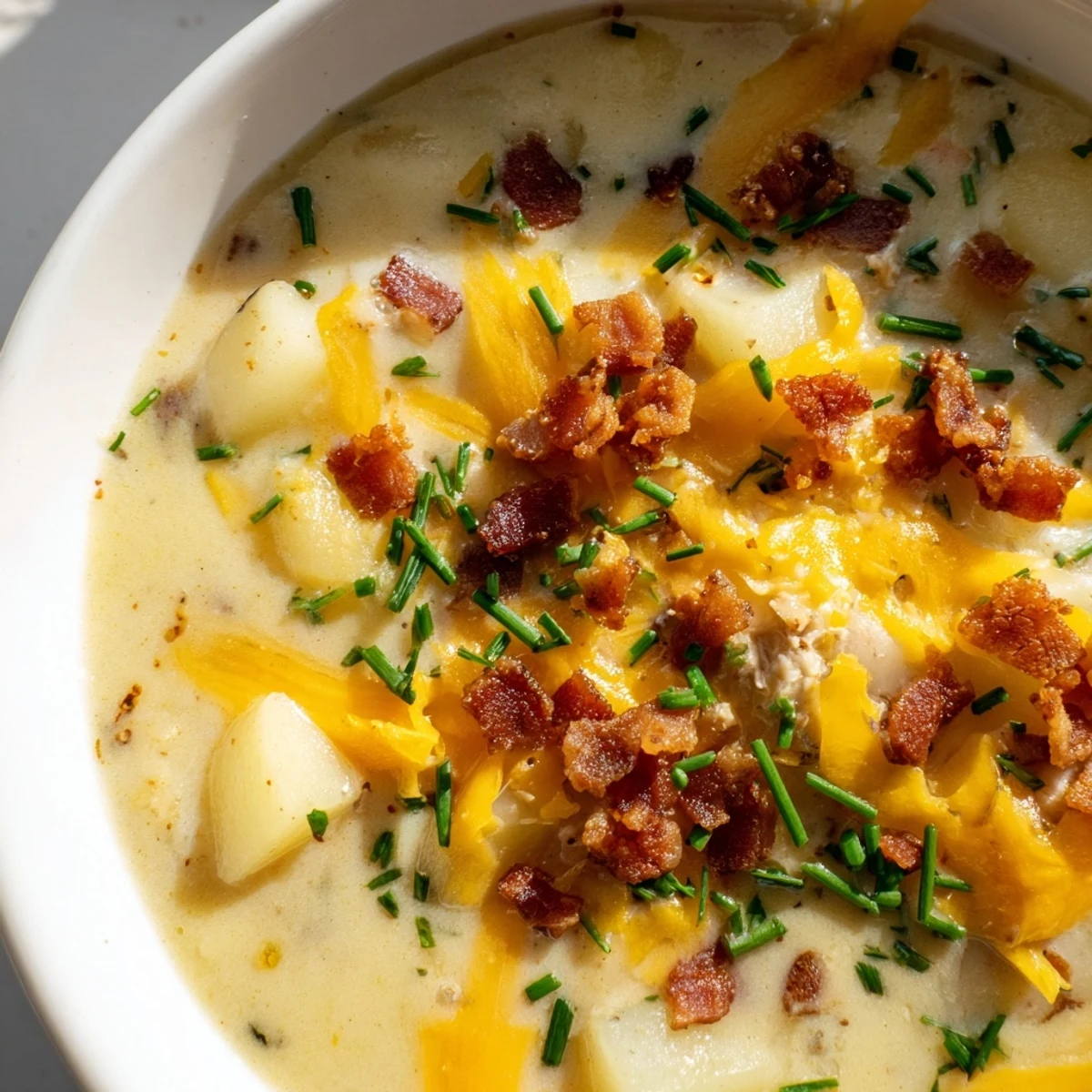 Spoon stirring a bowl of Creamy Potato Soup with Cheese and Halal Turkey Bacon, highlighting melted cheddar.