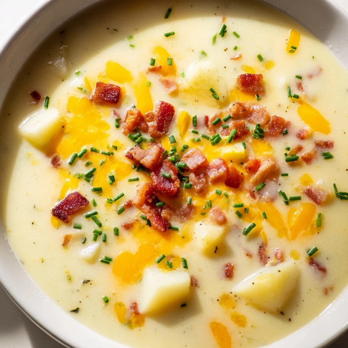 Chopped halal turkey bacon garnish for Creamy Potato Soup with Cheese, scattered next to a warm bread slice.