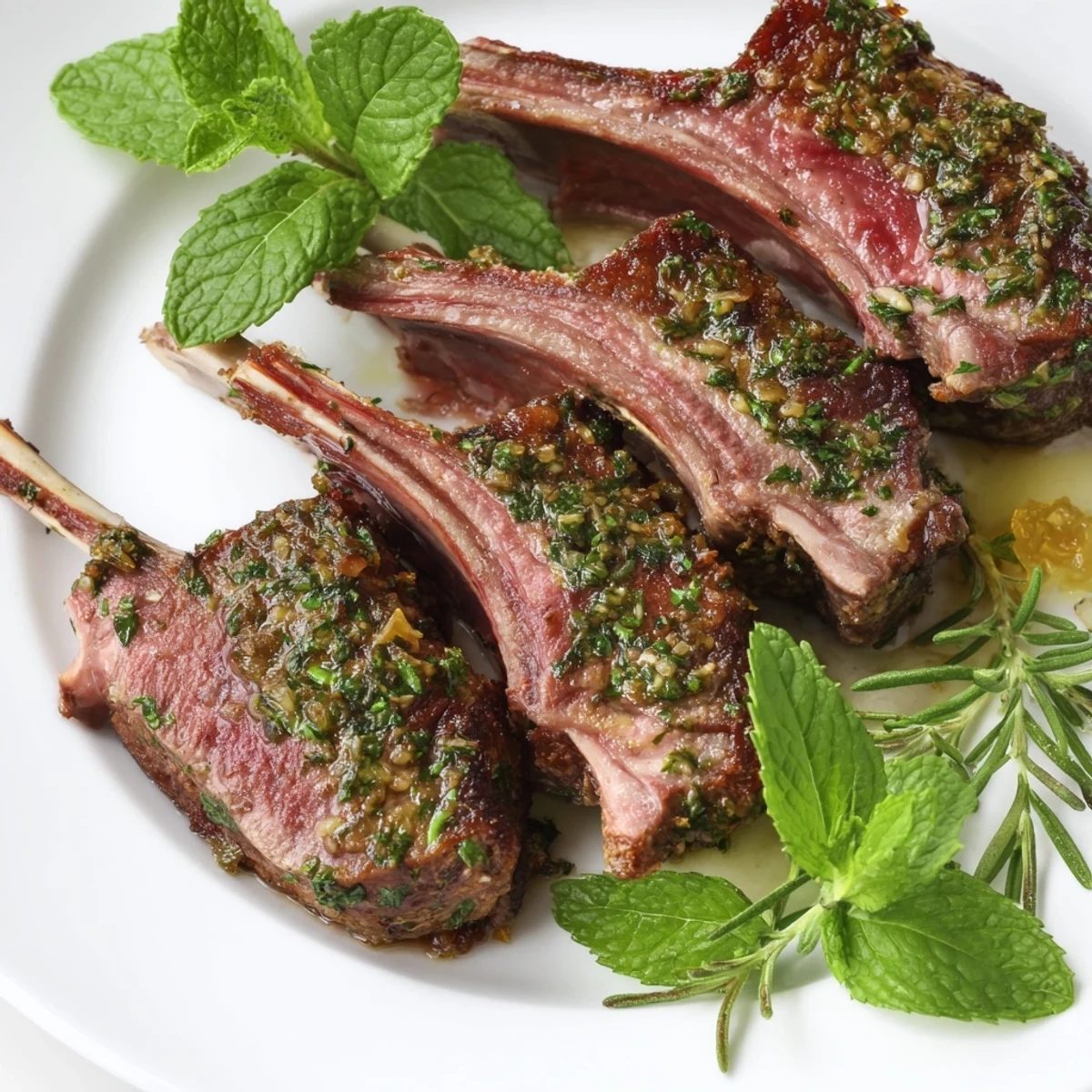 A tender, herb-crusted rack of lamb rests before slicing, paired with a side of sweet mint jelly for a classic flavor combination.