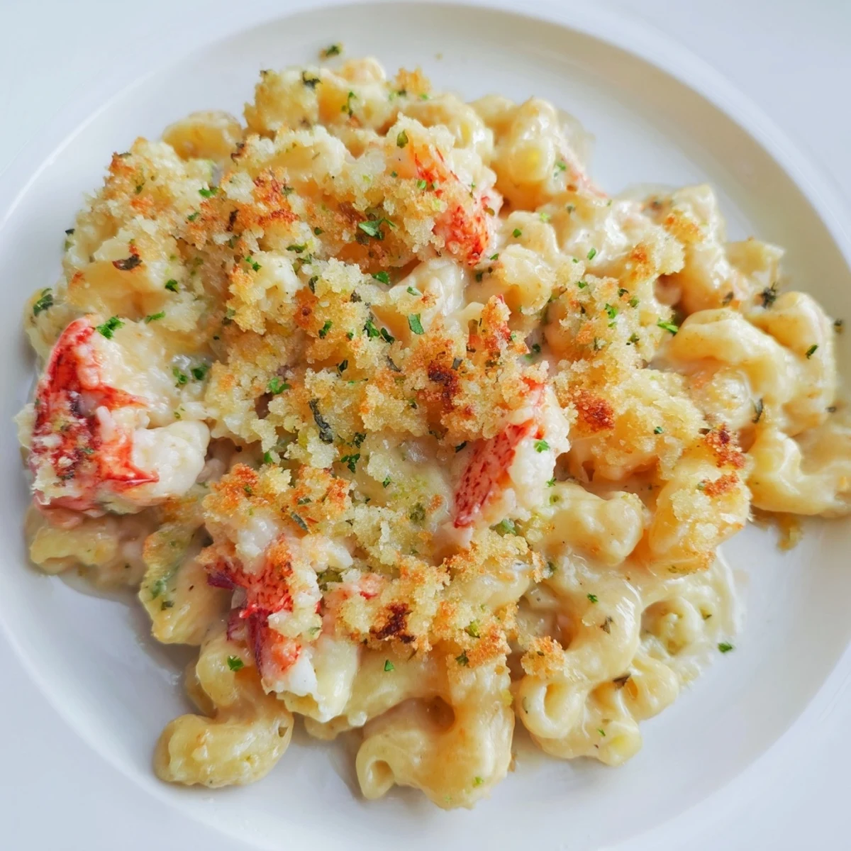 Golden-brown herbed breadcrumbs cover a bubbling casserole of Lobster Macaroni and Cheese, featuring tender chunks of lobster nestled in creamy cheese sauce.