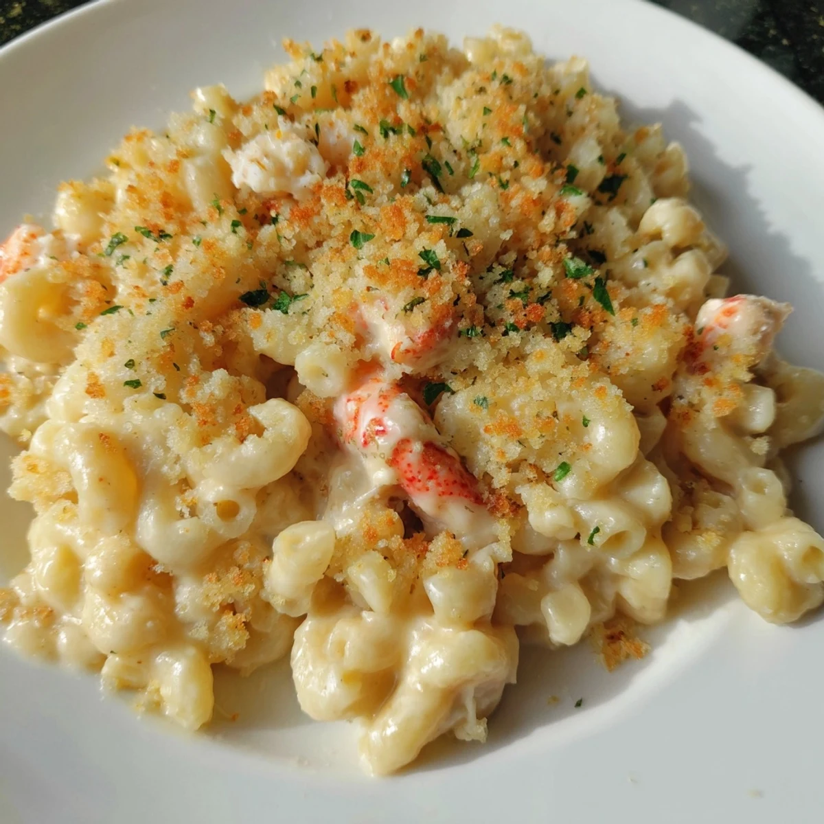 Savory Lobster Macaroni and Cheese is served on a white plate, garnished with fresh chives and a lemon wedge, highlighting the rich, creamy texture of the dish.