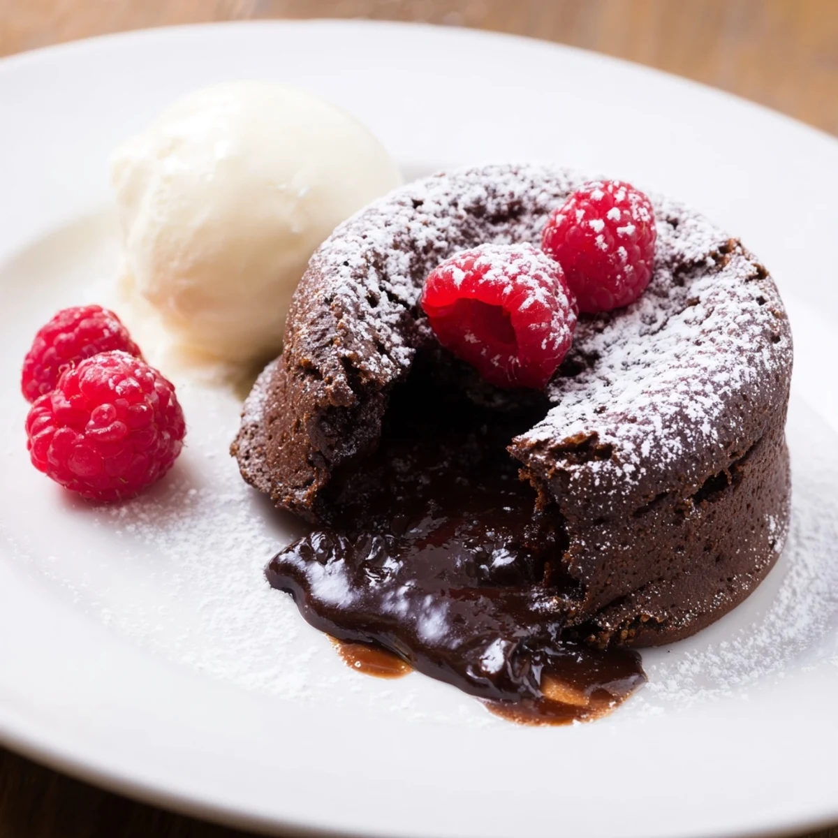 Golden-brown Valentine Molten Chocolate Lava Cakes sit on plates, dusted with powdered sugar and garnished with fresh red raspberries and a scoop of vanilla ice cream, ready for a romantic dessert.