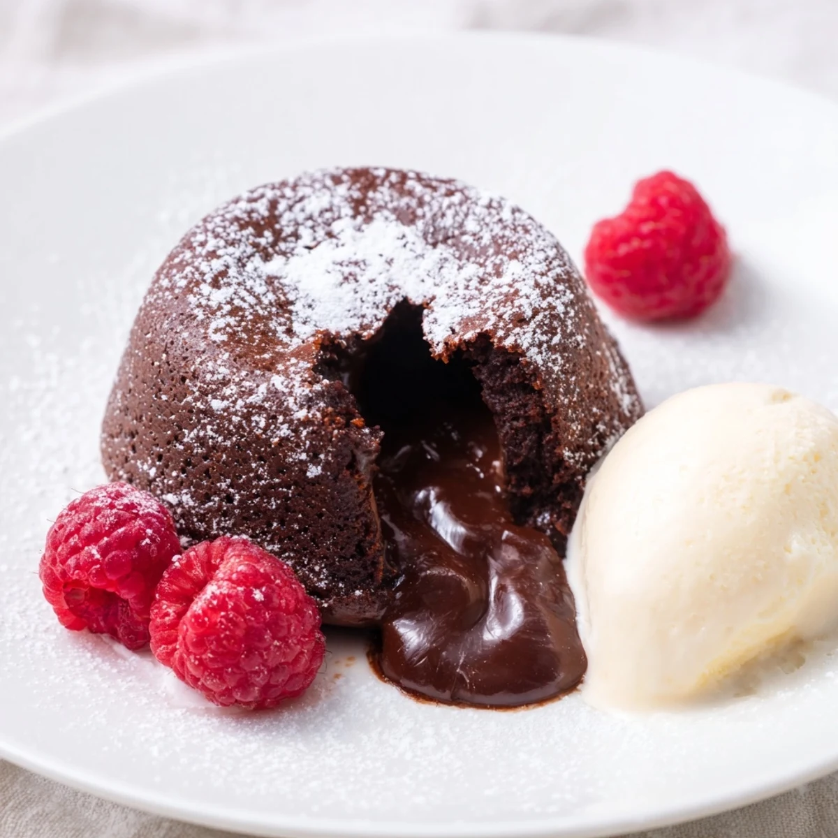Four ramekins hold freshly baked Valentine Molten Chocolate Lava Cakes, placed on a baking tray with scattered berries and a jug of whipped cream, perfect for a Valentine's Day celebration.