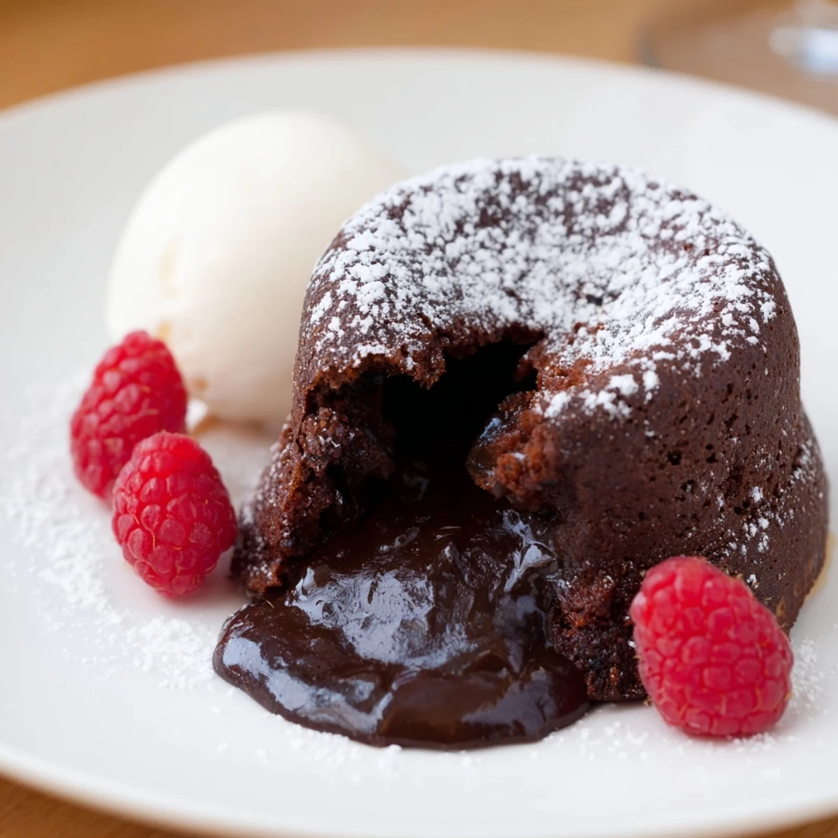 A close-up view of a cut Valentine Molten Chocolate Lava Cake reveals a rich, gooey chocolate center flowing out onto the plate, contrasting with the tender cake crumb.