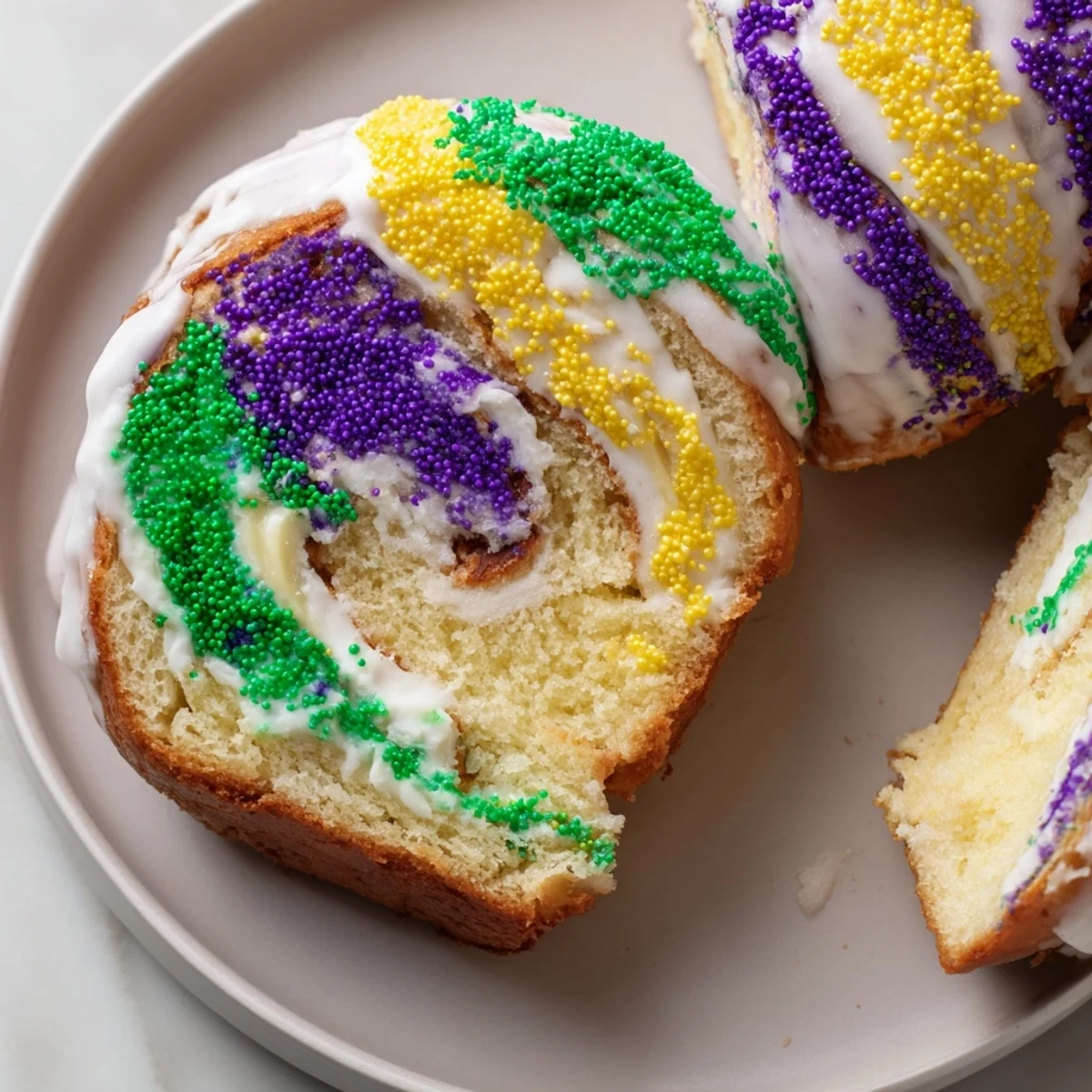 Sliced Mardi Gras King Cake reveals swirls of creamy filling and cinnamon sugar, ready to be served at a festive party.