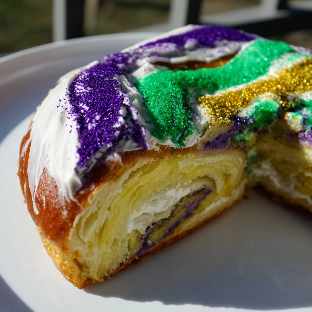 Freshly baked Mardi Gras King Cake with cream cheese filling on a wooden board, topped with purple, green, and gold sugars.