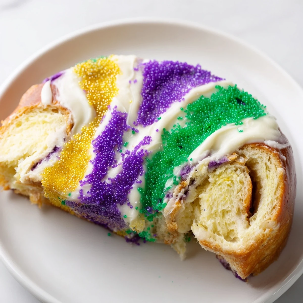 Warm Mardi Gras King Cake with cream cheese filling, drizzled with icing and decorated for New Orleans celebrations.