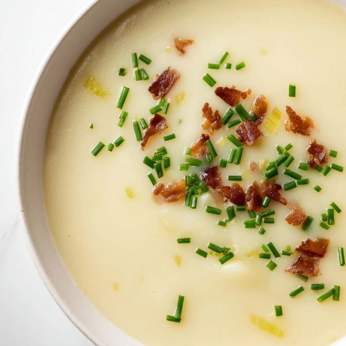 Creamy potato and leek soup with turkey bacon served hot in a rustic bowl, topped with crispy bacon bits and fresh chives.