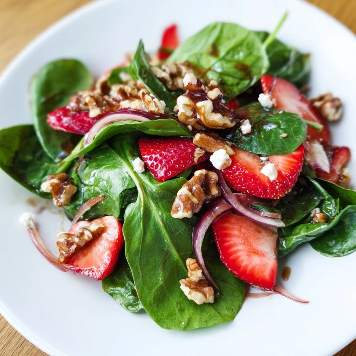 Bright and colorful Strawberry Walnut Spinach Salad with Balsamic, showcasing sliced strawberries and walnuts tossed with spinach leaves and a tangy balsamic vinaigrette.