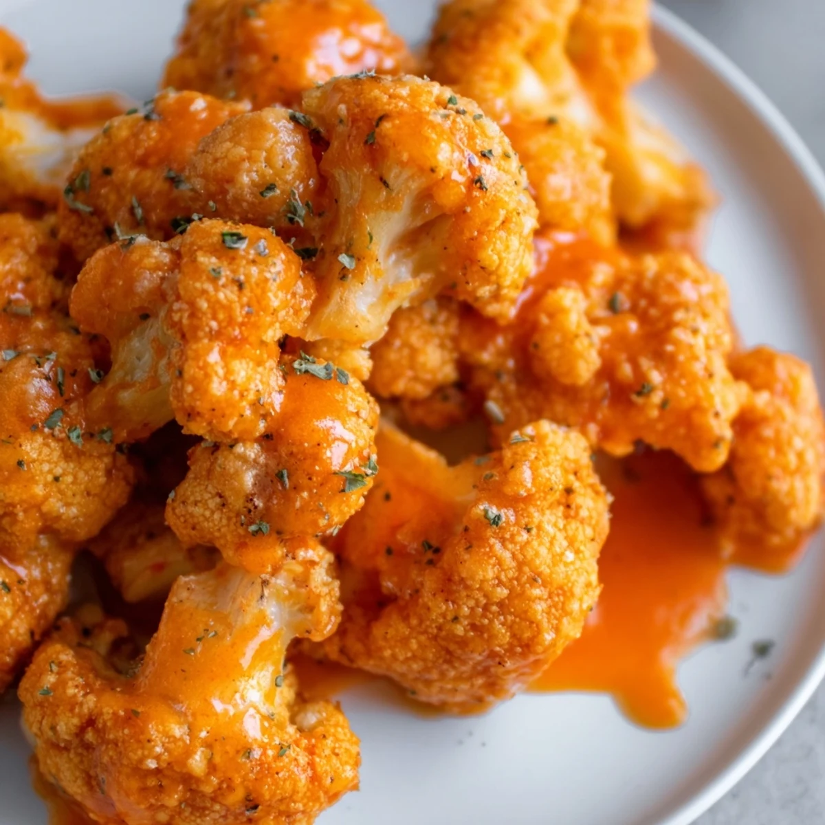 Spicy and tangy Crispy Baked Cauliflower Bites with Buffalo Sauce on a platter with ranch dip.