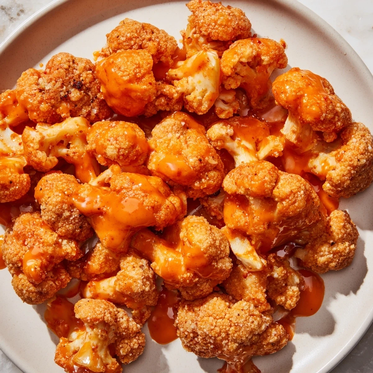 Golden Crispy Baked Cauliflower Bites with Buffalo Sauce, a vegetarian appetizer with blue cheese dressing.