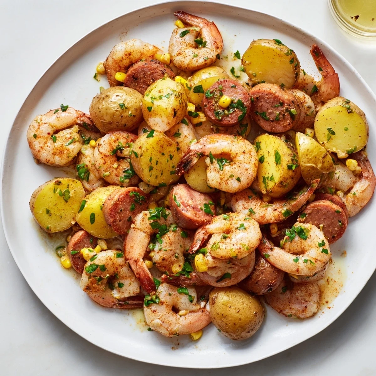Golden-brown Sheet Pan Shrimp Boil with Corn and Old Bay features juicy shrimp, smoky sausage, and tender potatoes in a single, flavorful roast.